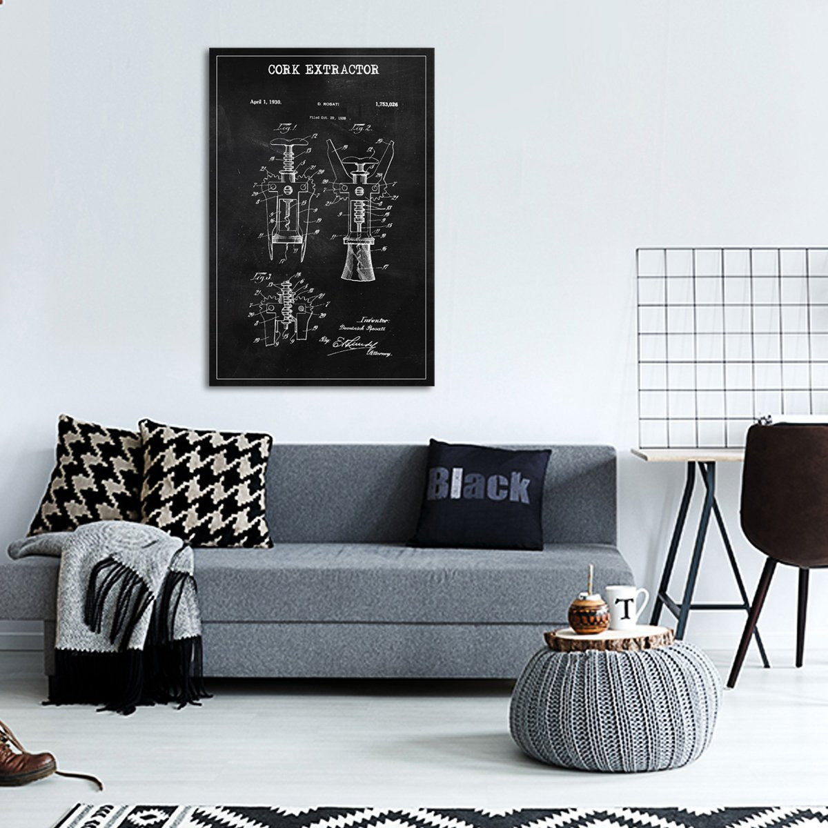 Cork Extractor Patent BW Canvas Wall Art