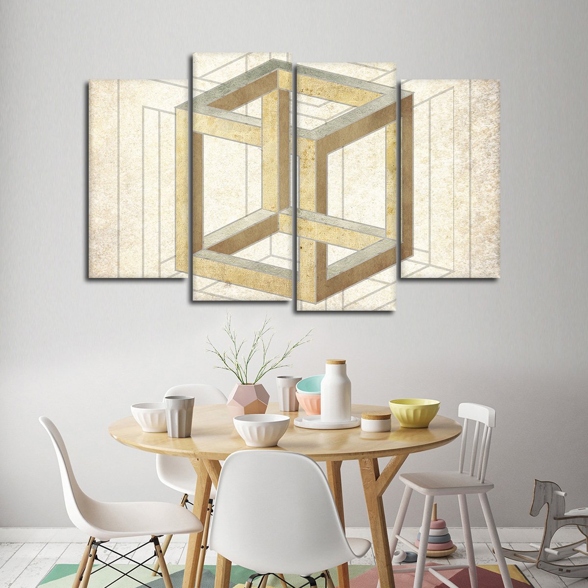 Cream Cube Illusion Multi Panel Canvas Wall Art