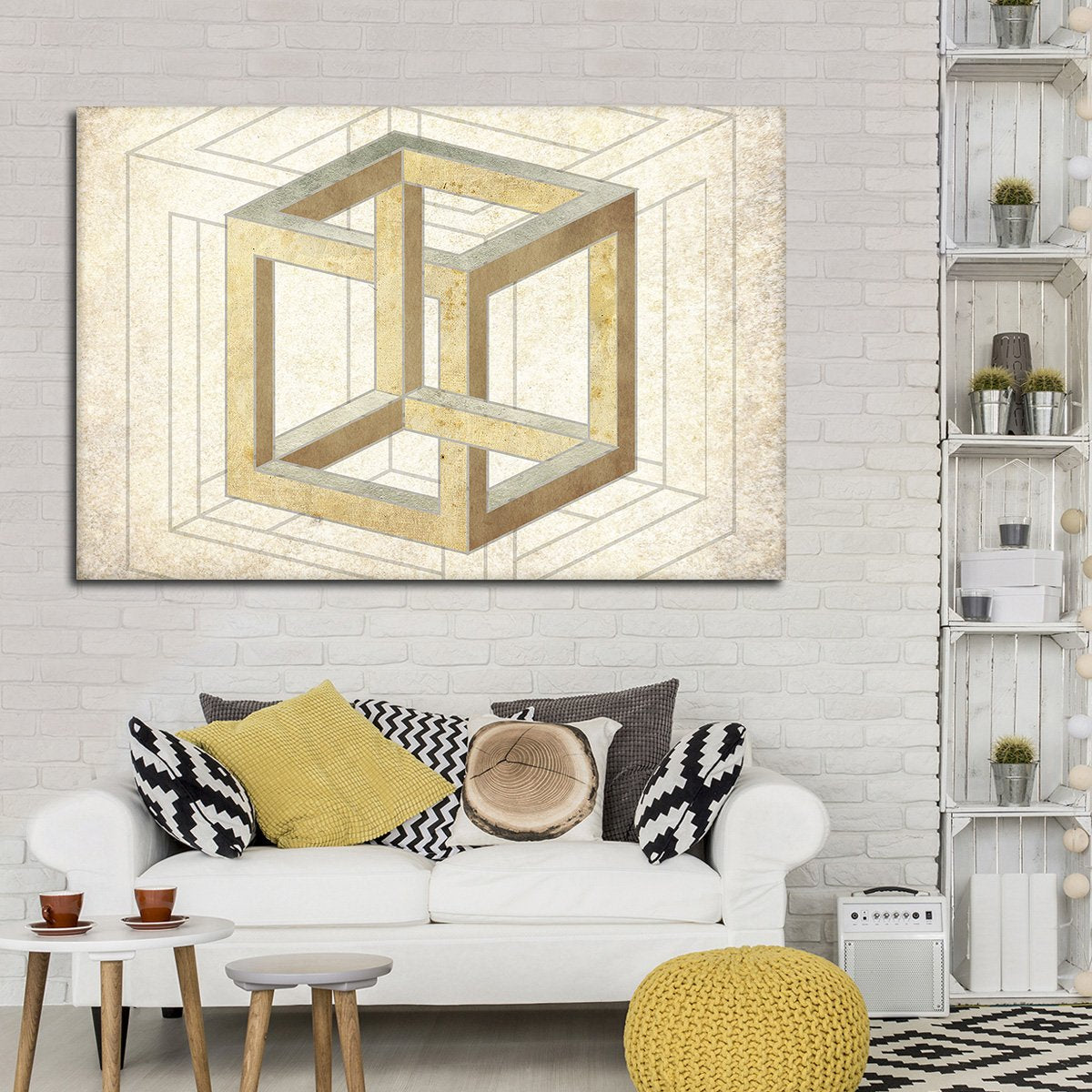 Cream Cube Illusion Multi Panel Canvas Wall Art