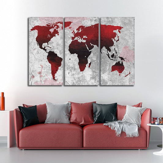 Crimson World Map Multi Panel Canvas Wall Art