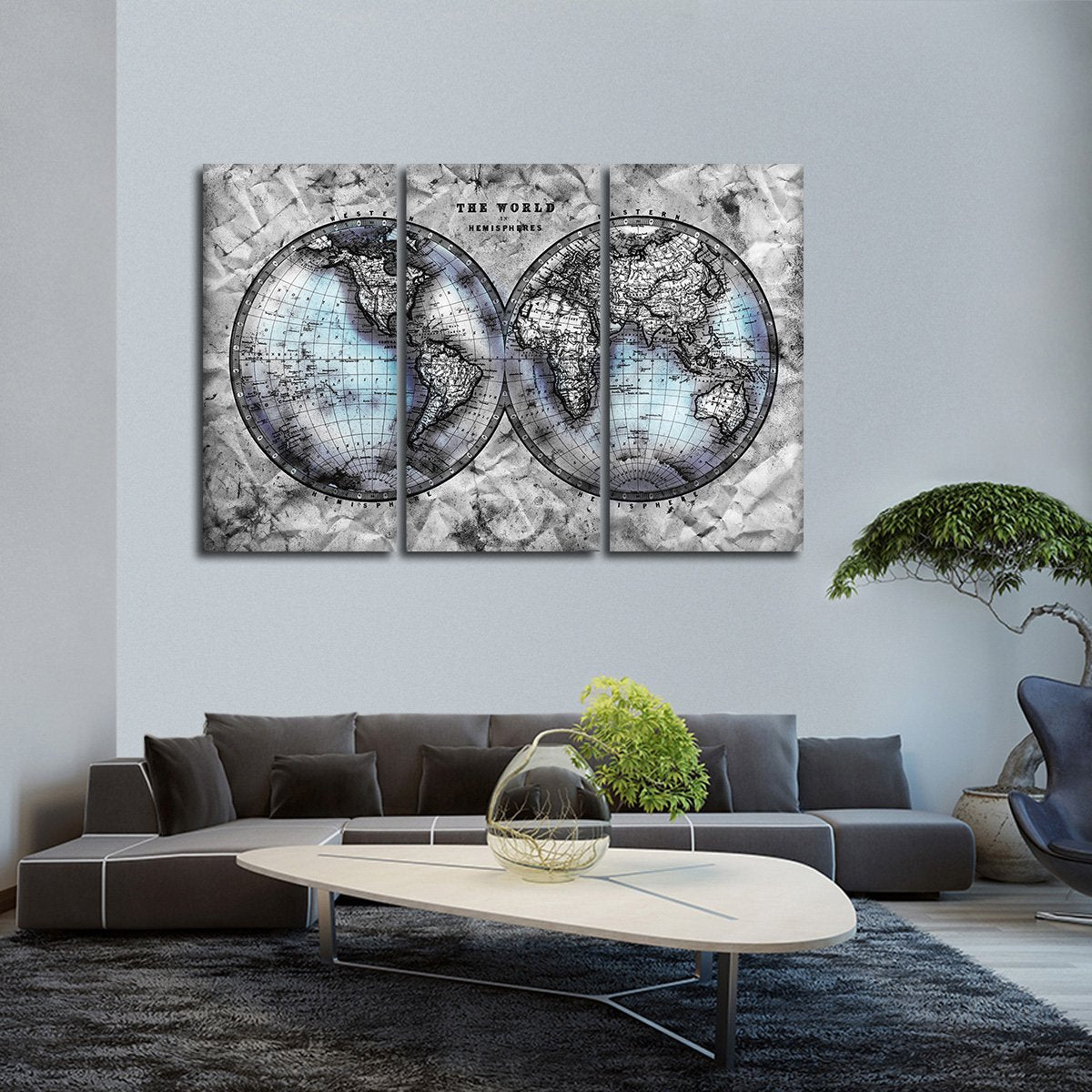 Crumbled Hemispheres Map Multi Panel Canvas Wall Art