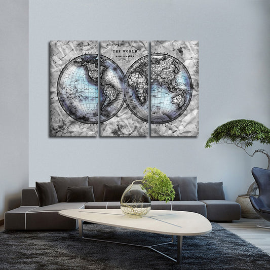 Crumbled Hemispheres Map Multi Panel Canvas Wall Art