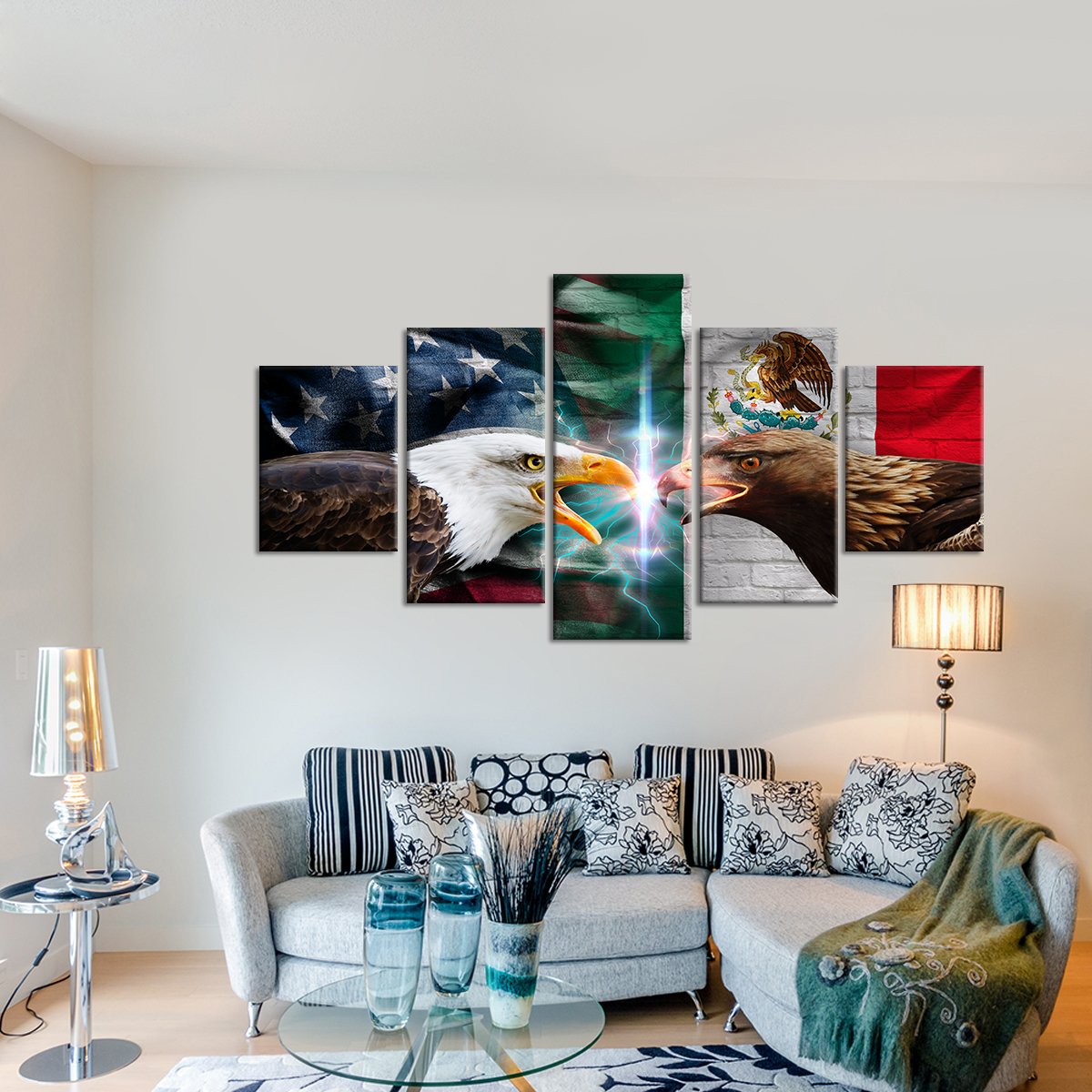America and Mexico Eagles Flag Multi Panel Canvas Wall Art