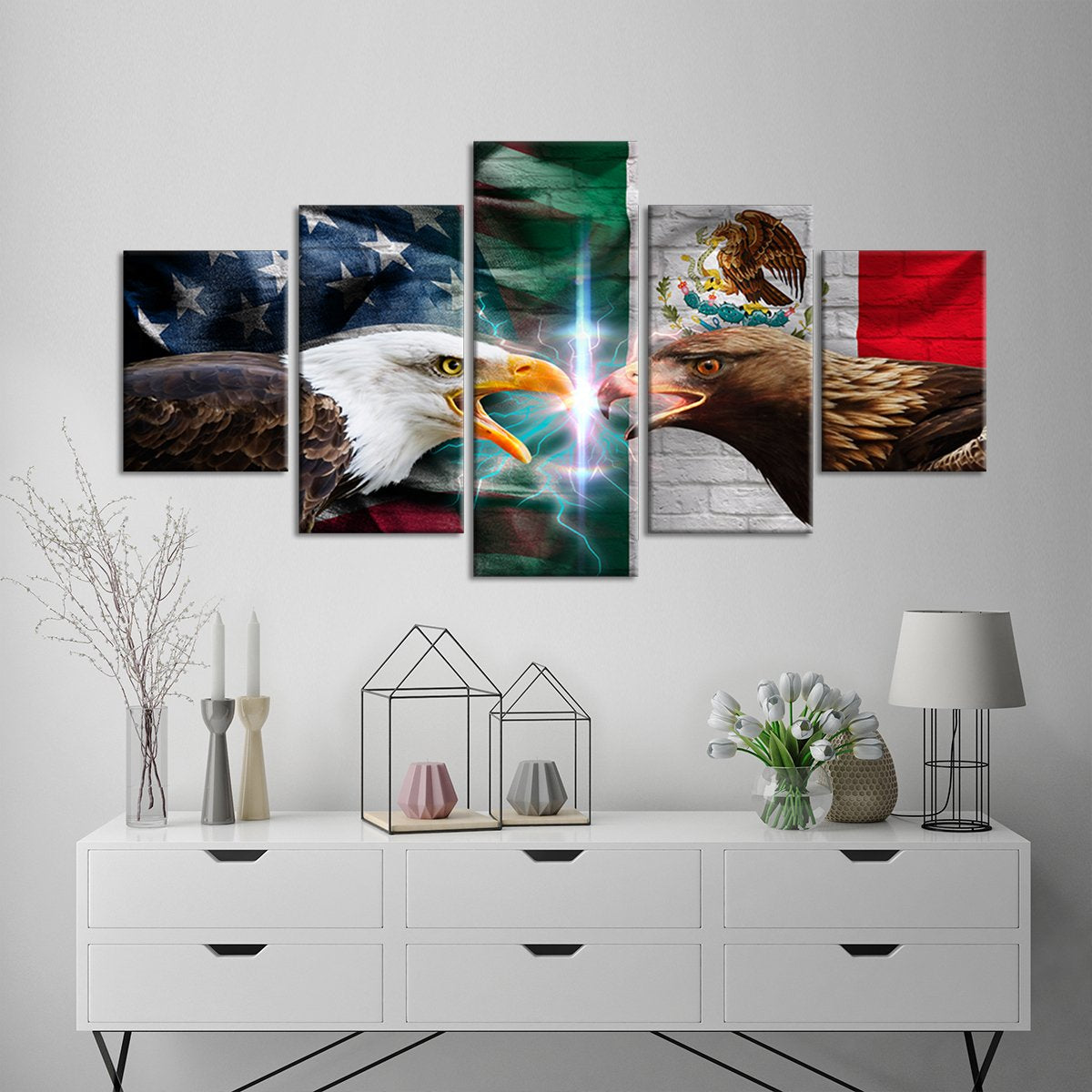 America and Mexico Eagles Flag Multi Panel Canvas Wall Art
