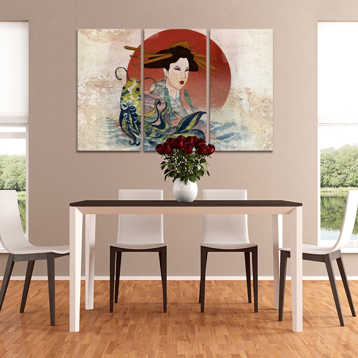 Graceful Koi And Geisha Multi Panel Canvas Wall Art