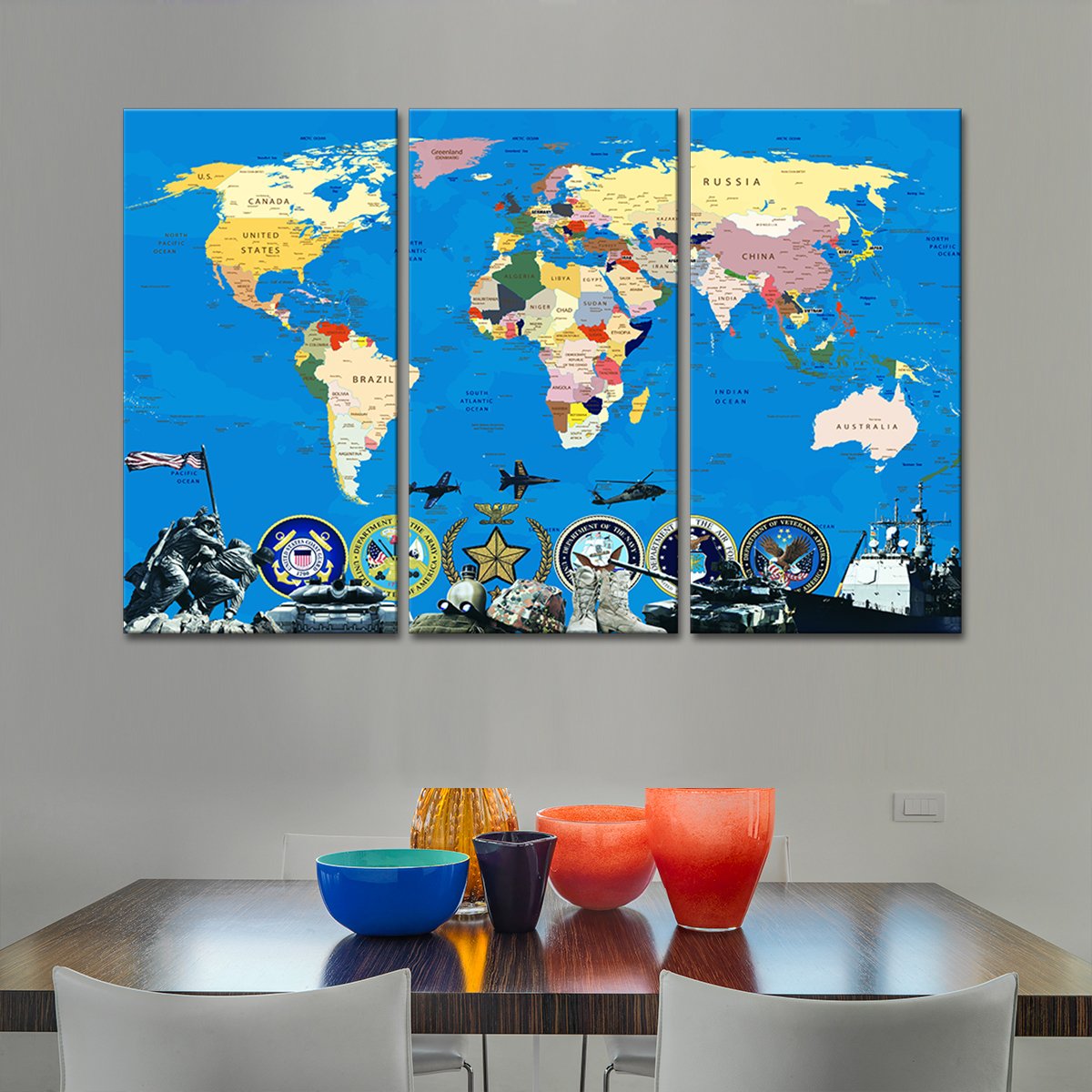 Armed Forces World Map Masterpiece Multi Panel Canvas Wall Art