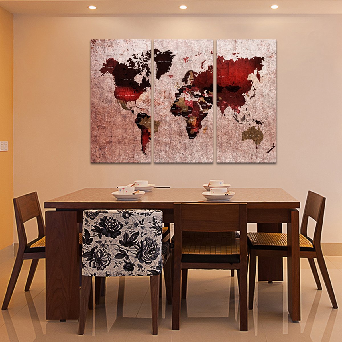 Ruby World Map Multi Panel Canvas Wall Art