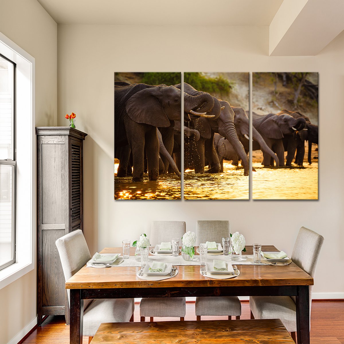 Elephants in Savanna Multi Panel Canvas Wall Art