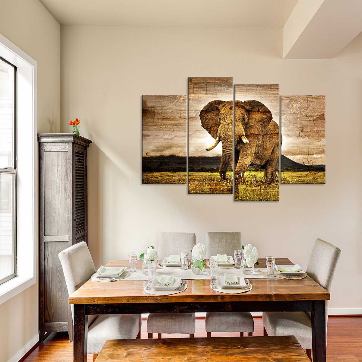 Wooden Elephant Landscape Multi Panel Canvas Wall Art