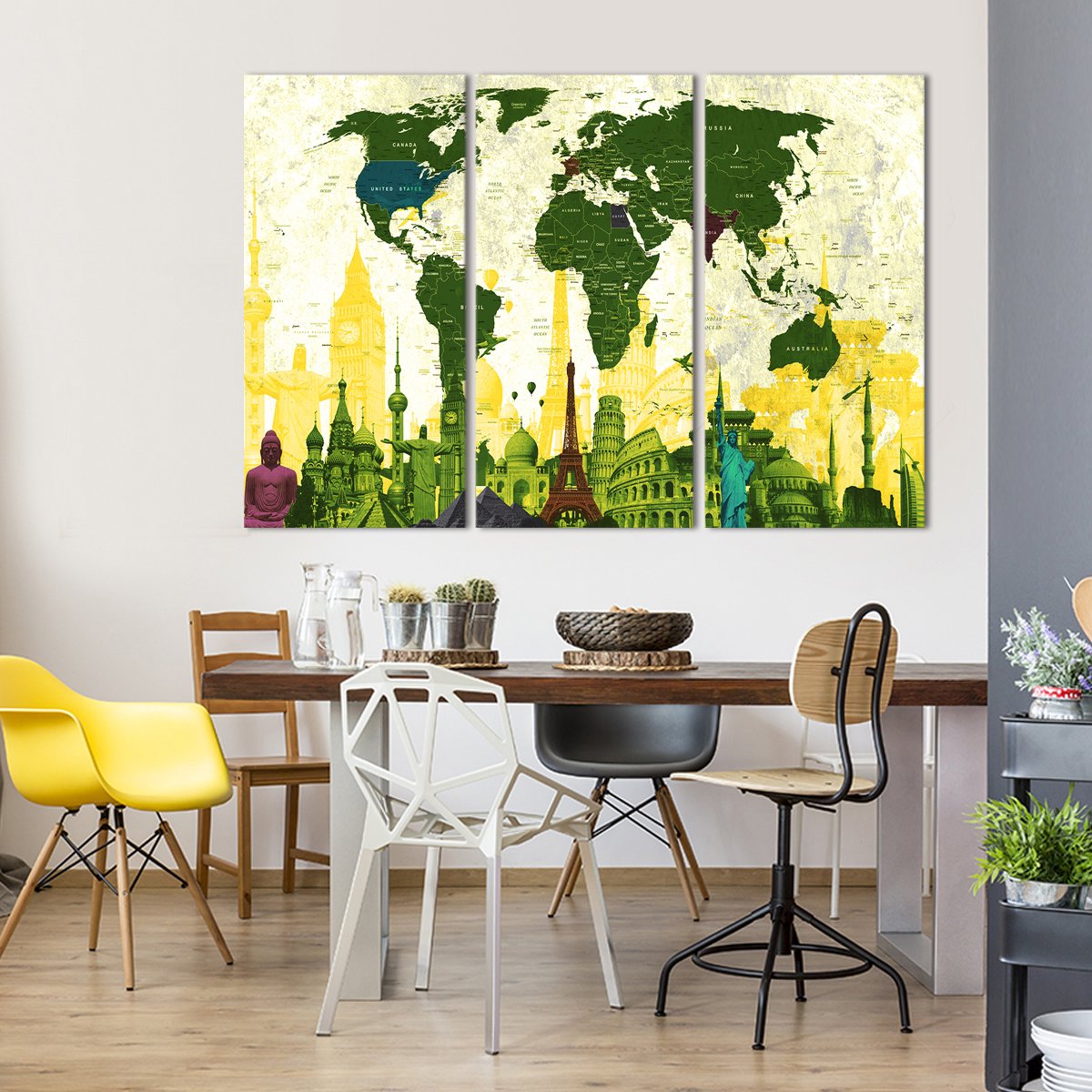 Country Landmarks World Map Masterpiece Multi Panel Canvas Wall Art