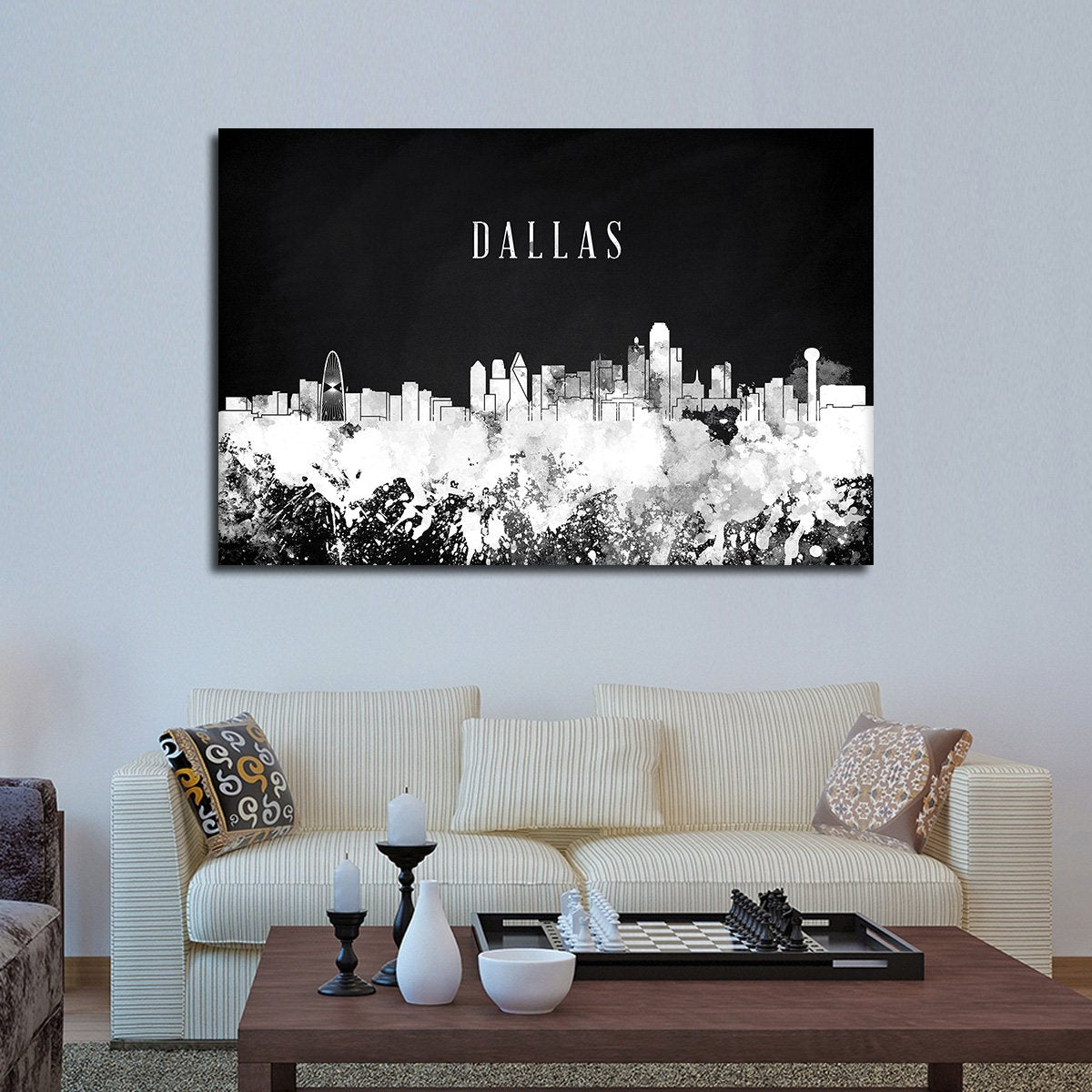 Dallas Watercolor Skyline BW Multi Panel Canvas Wall Art