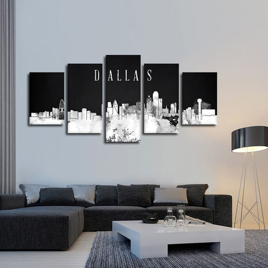 Dallas Watercolor Skyline BW Multi Panel Canvas Wall Art