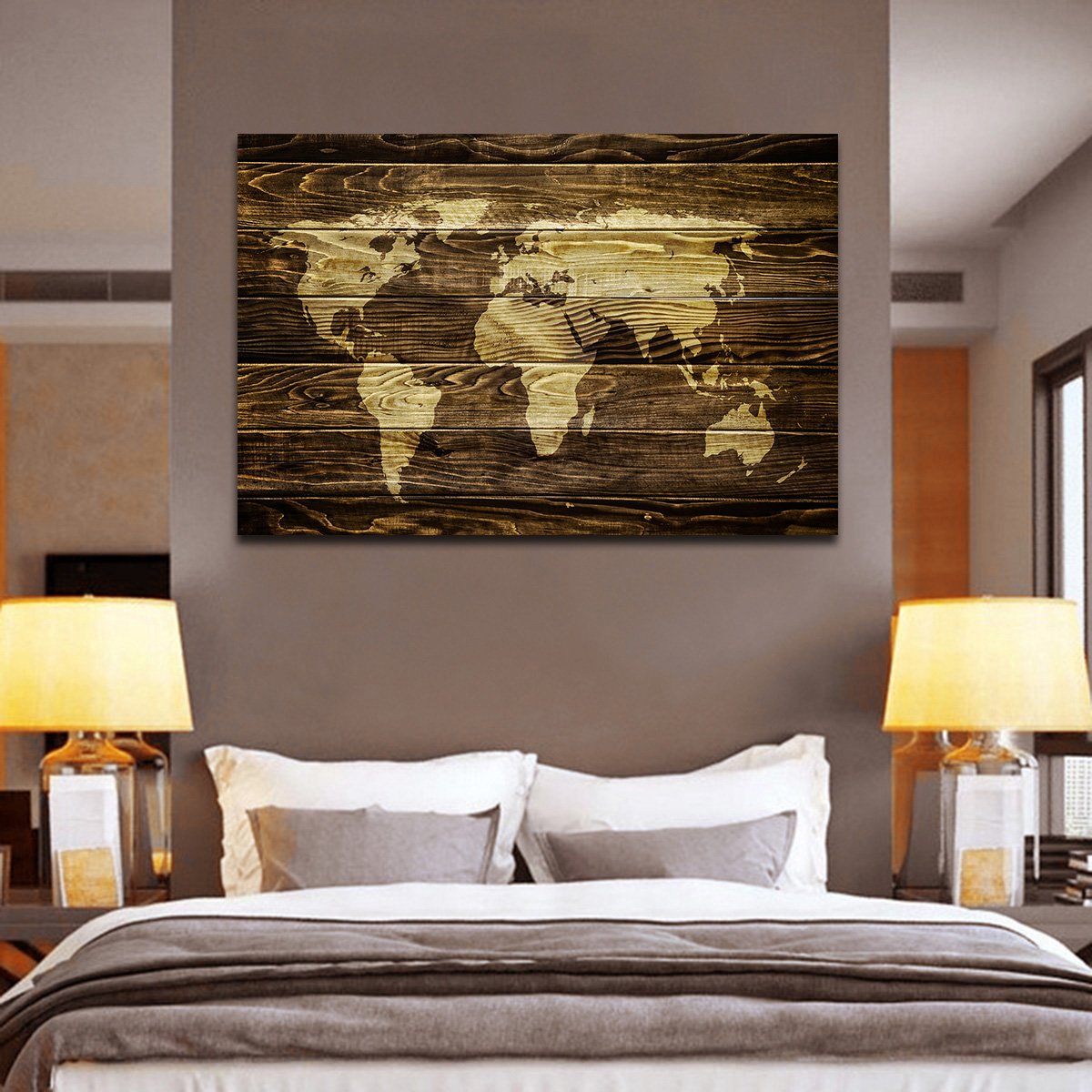 Dark Wood World Map Multi Panel Canvas Wall Art
