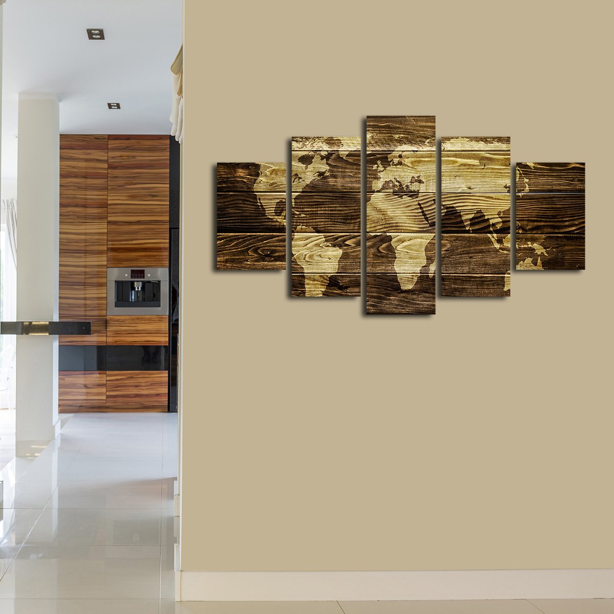 Dark Wood World Map Multi Panel Canvas Wall Art