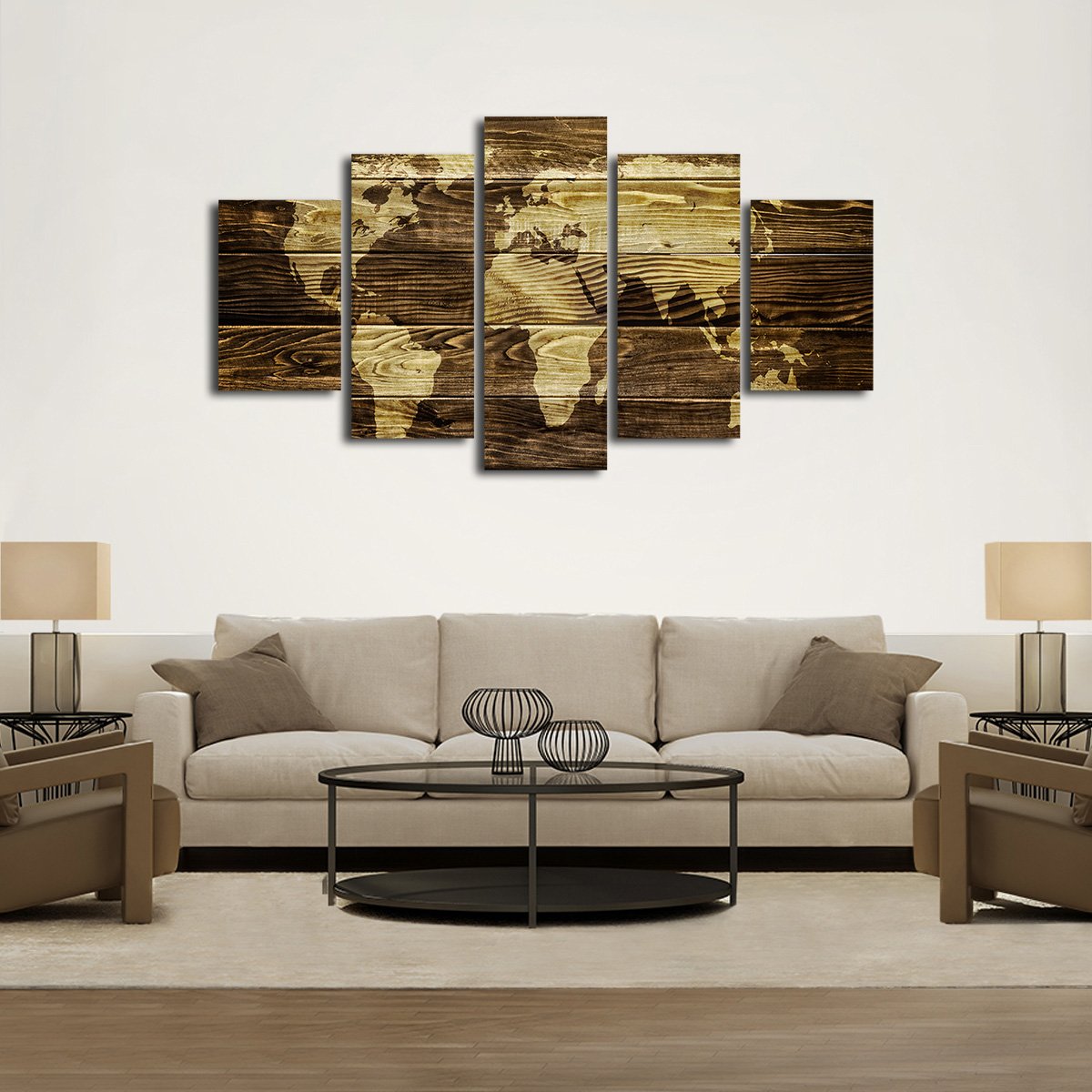 Dark Wood World Map Multi Panel Canvas Wall Art
