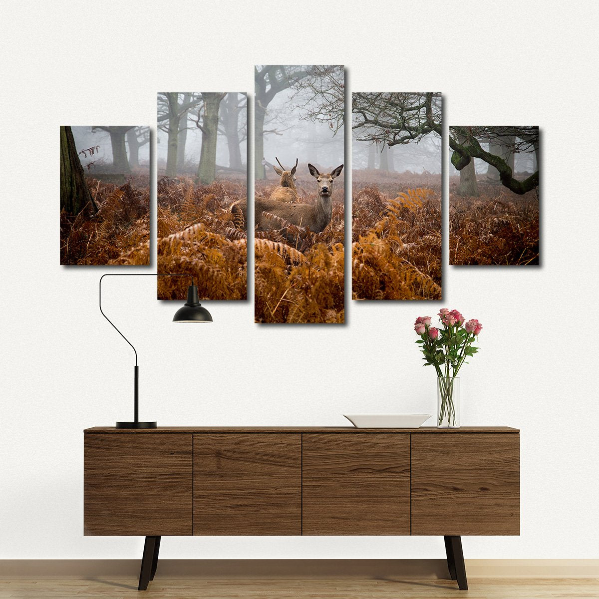 Deer in the Fog Multi Panel Canvas Wall Art