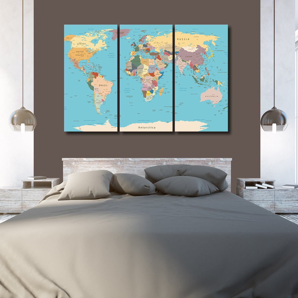 Detailed World Map Multi Panel Canvas Wall Art