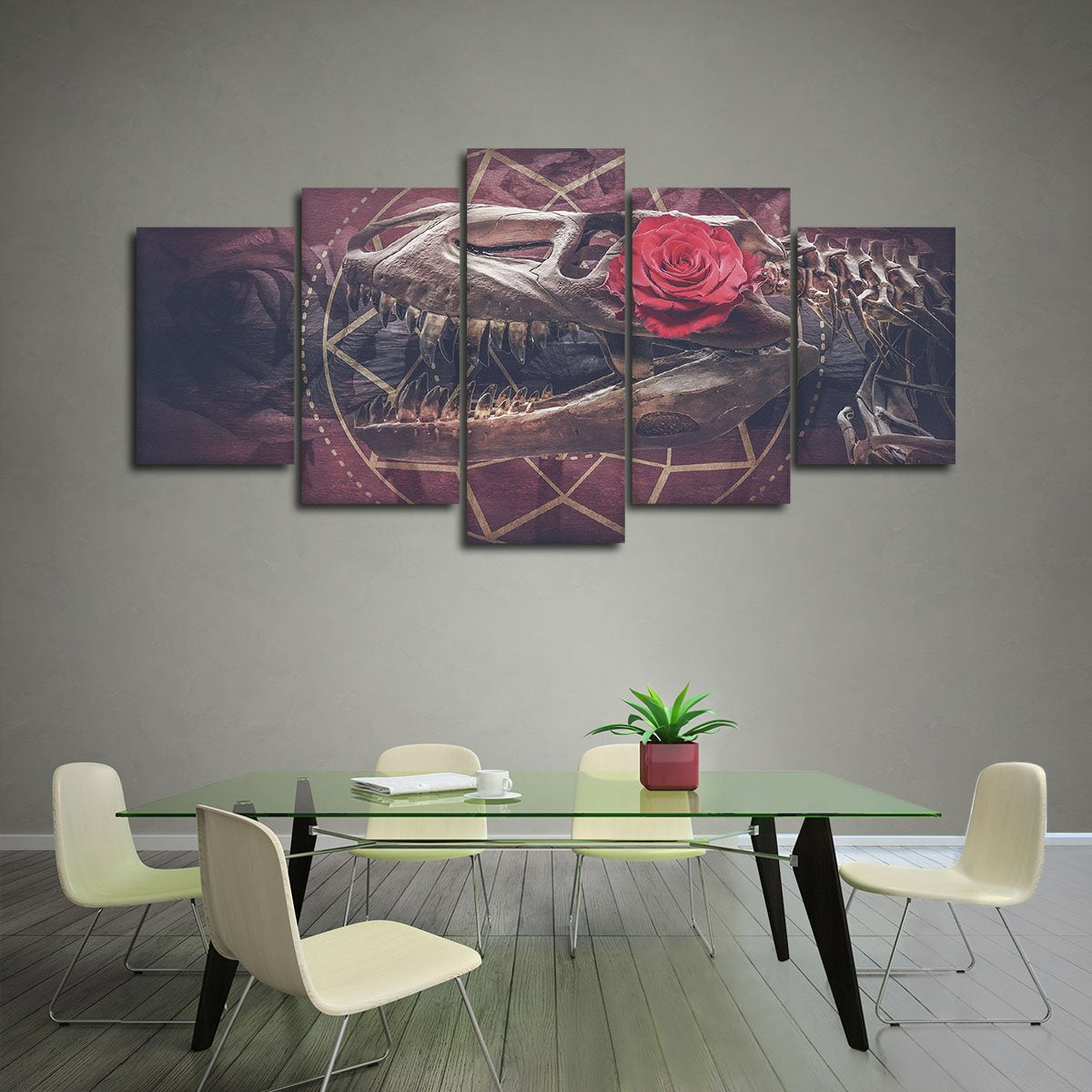 Dinosaur Rose Skull Multi Panel Canvas Wall Art