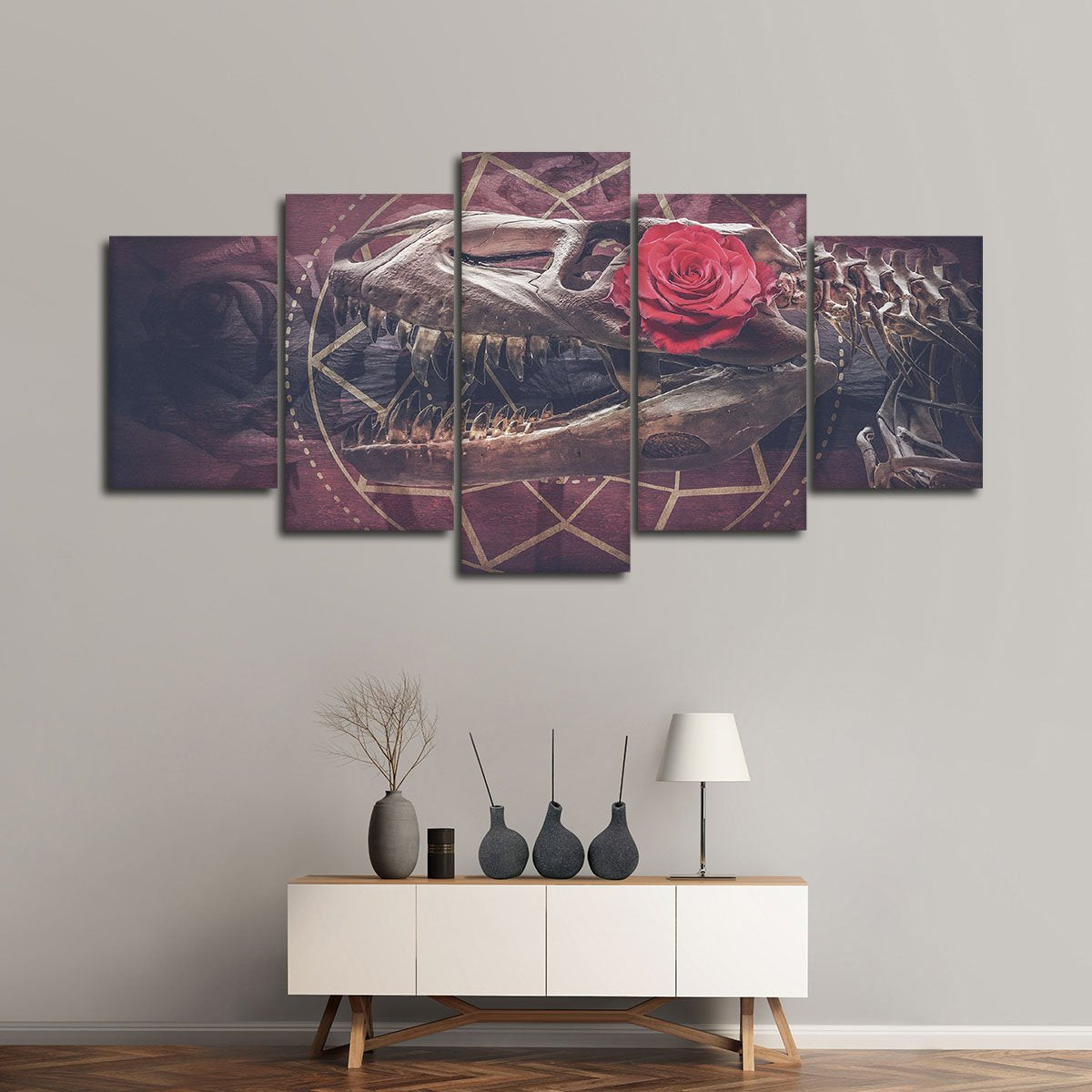 Dinosaur Rose Skull Multi Panel Canvas Wall Art