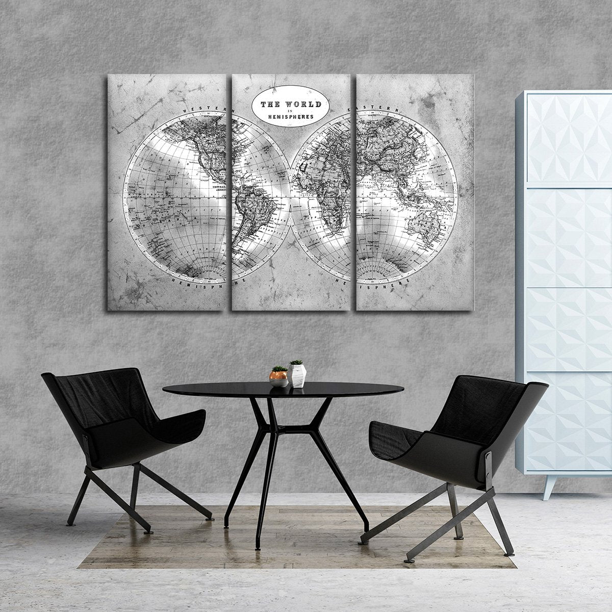 Discover The World Map BW Multi Panel Canvas Wall Art