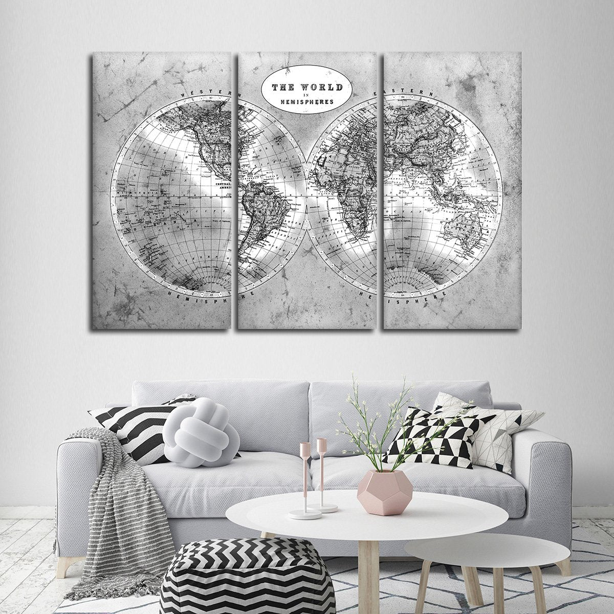 Discover The World Map BW Multi Panel Canvas Wall Art