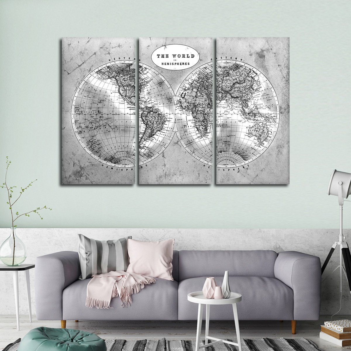 Discover The World Map BW Multi Panel Canvas Wall Art