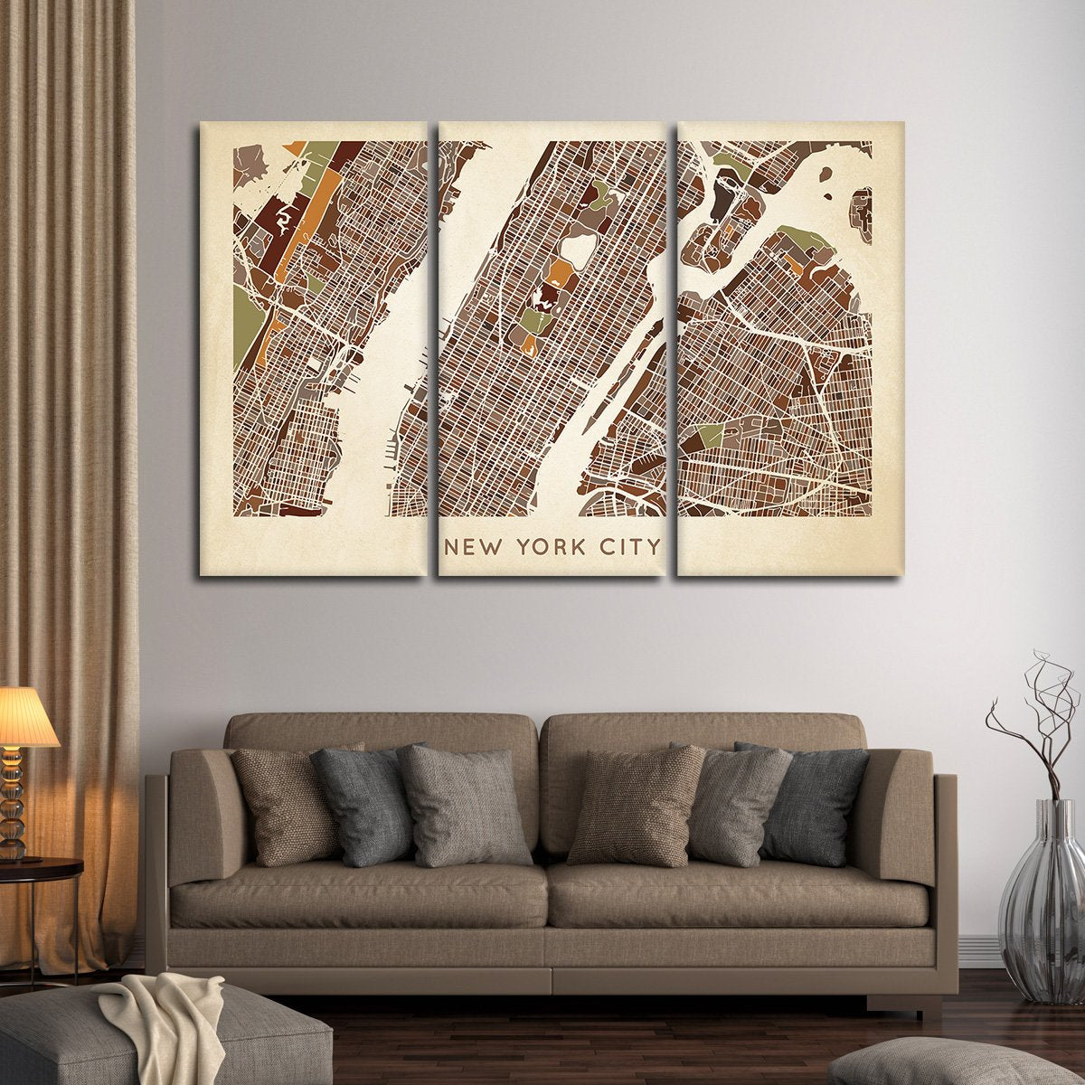 Earthy NYC Map Multi Panel Canvas Wall Art