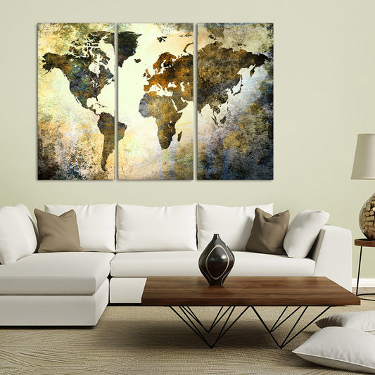 Earthy Texture World Map Multi Panel Canvas Wall Art