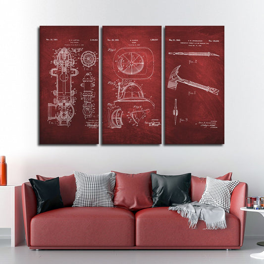 Firefighter Patent Compilation Red Multi Panel Canvas Wall Art