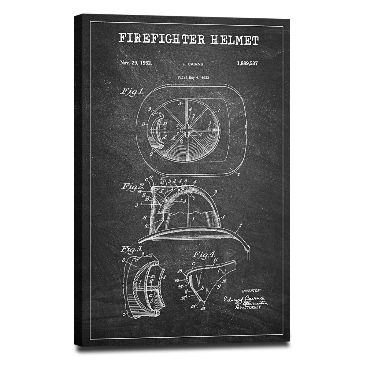 Firefighter Helmet Patent BW Canvas Wall Art