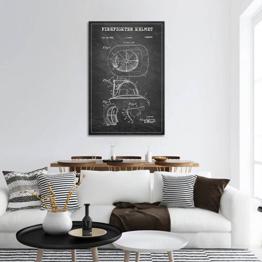 Firefighter Helmet Patent BW Canvas Wall Art