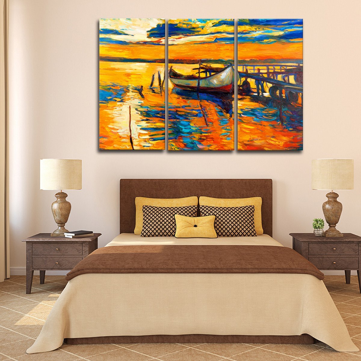 Fishing Boat At Sunset Multi Panel Canvas Wall Art