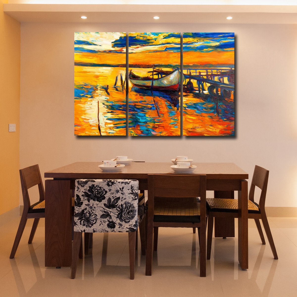 Fishing Boat At Sunset Multi Panel Canvas Wall Art