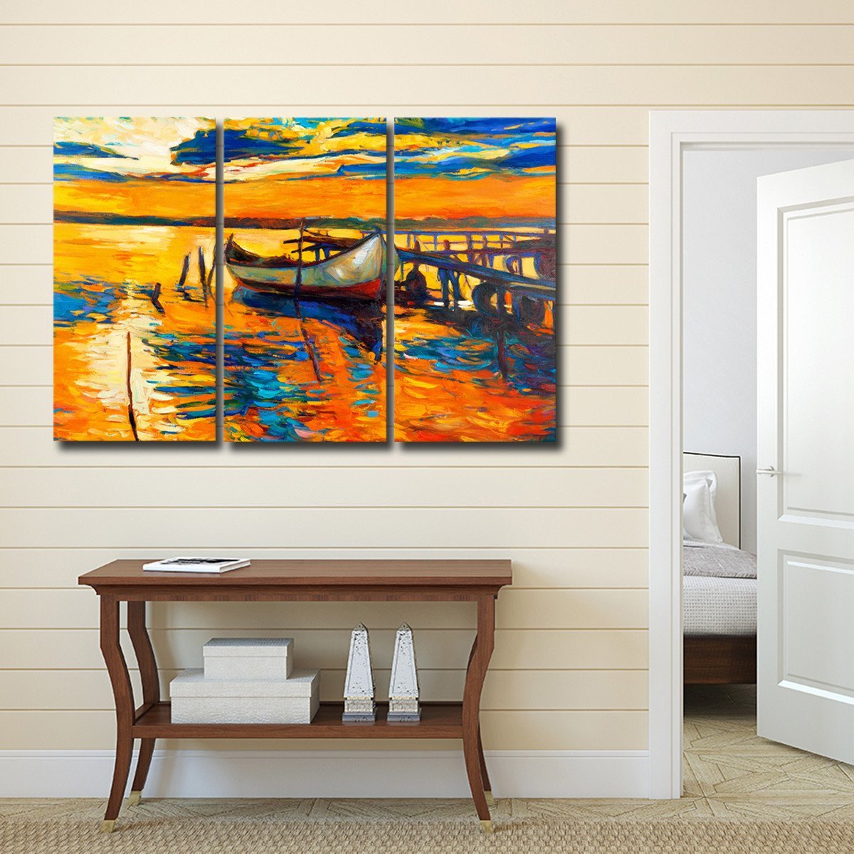 Fishing Boat At Sunset Multi Panel Canvas Wall Art