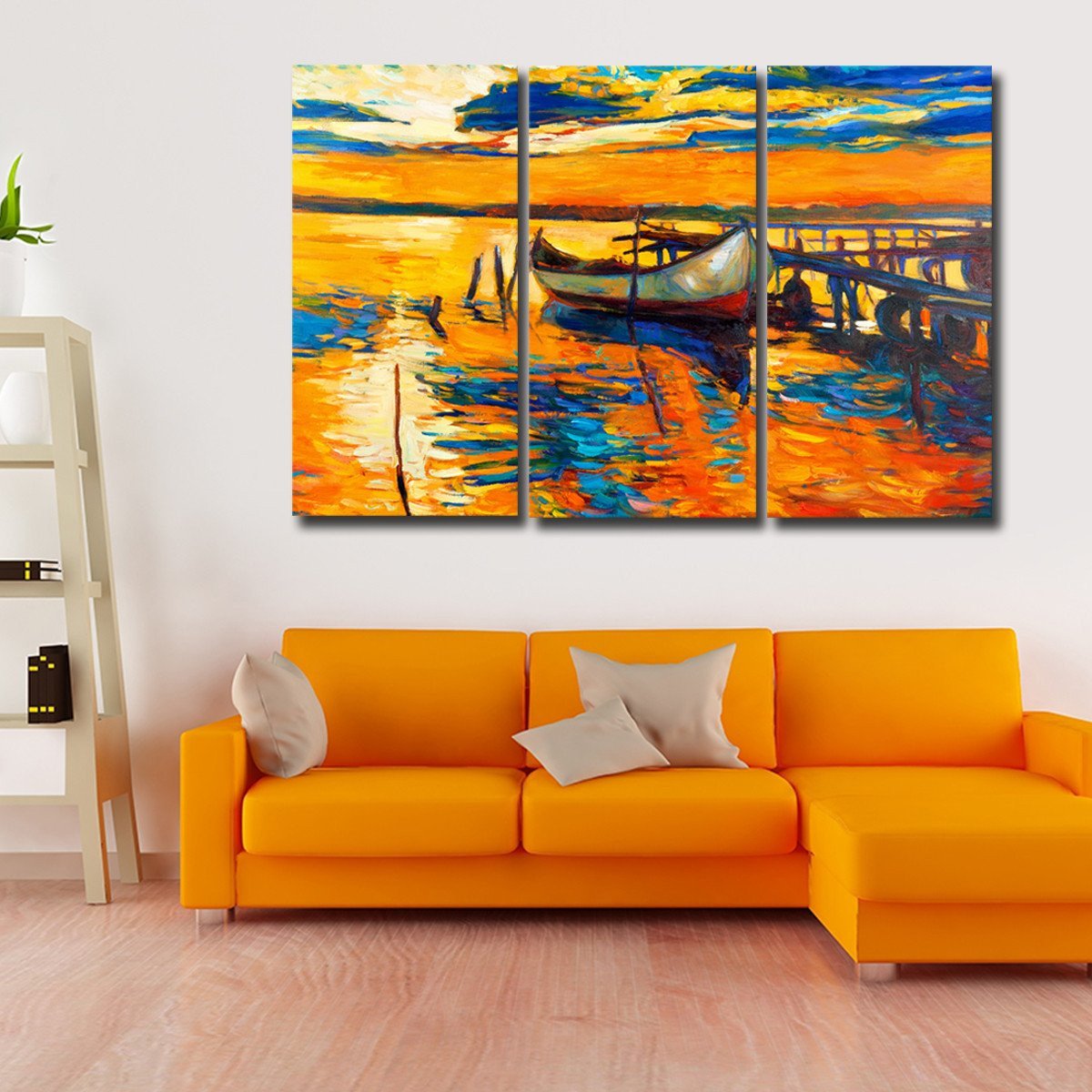 Fishing Boat At Sunset Multi Panel Canvas Wall Art