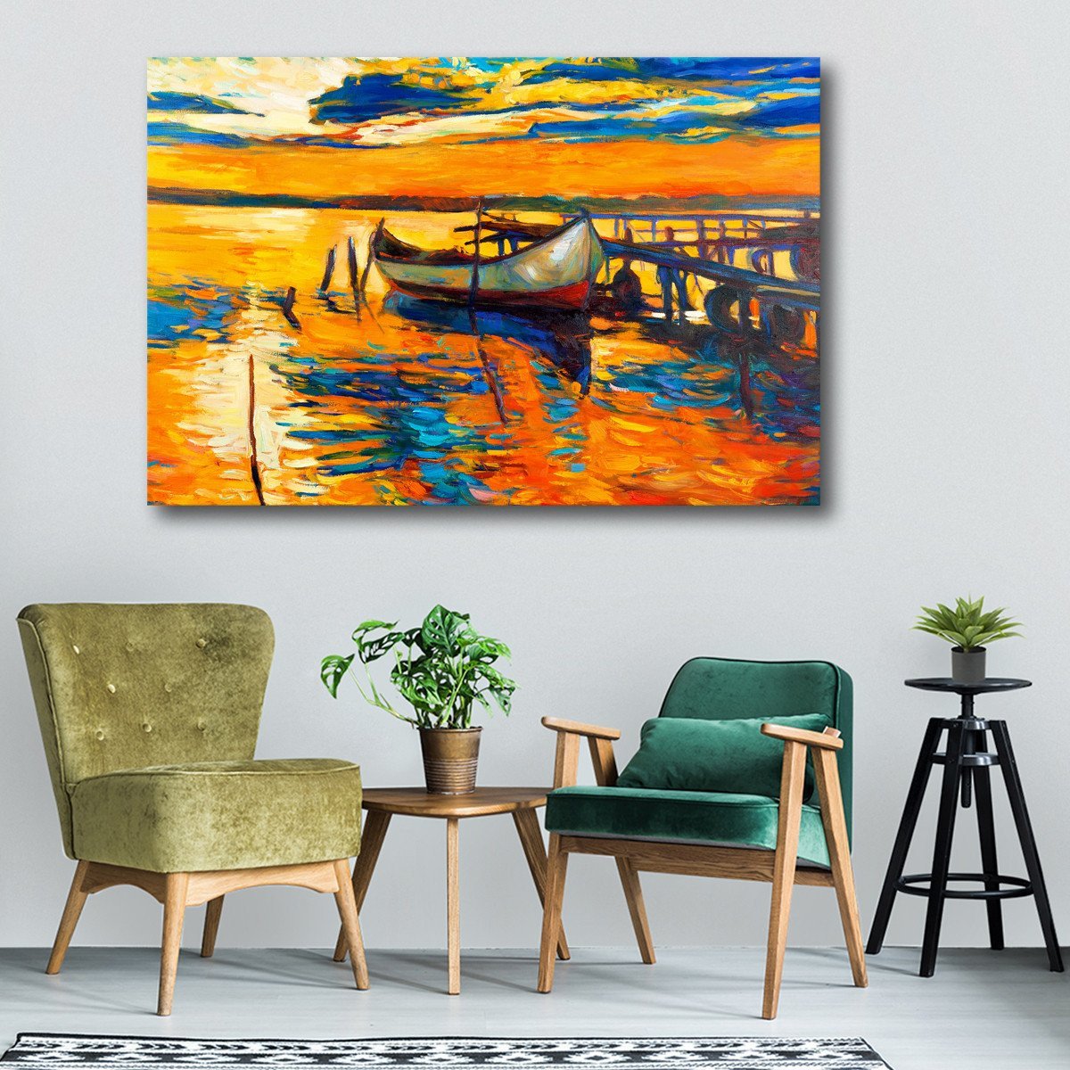 Fishing Boat At Sunset Multi Panel Canvas Wall Art