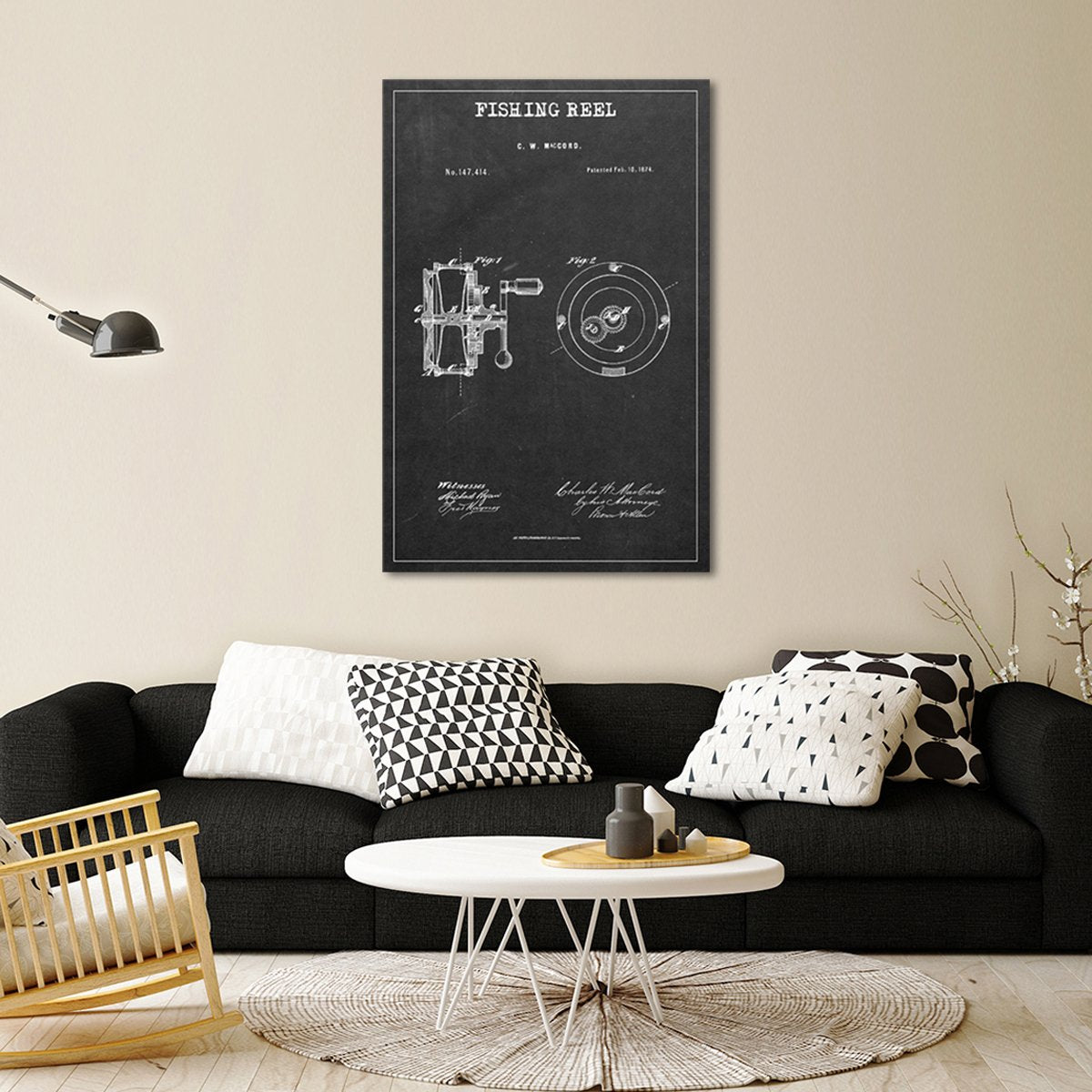Fishing Reel Patent BW Canvas Wall Art
