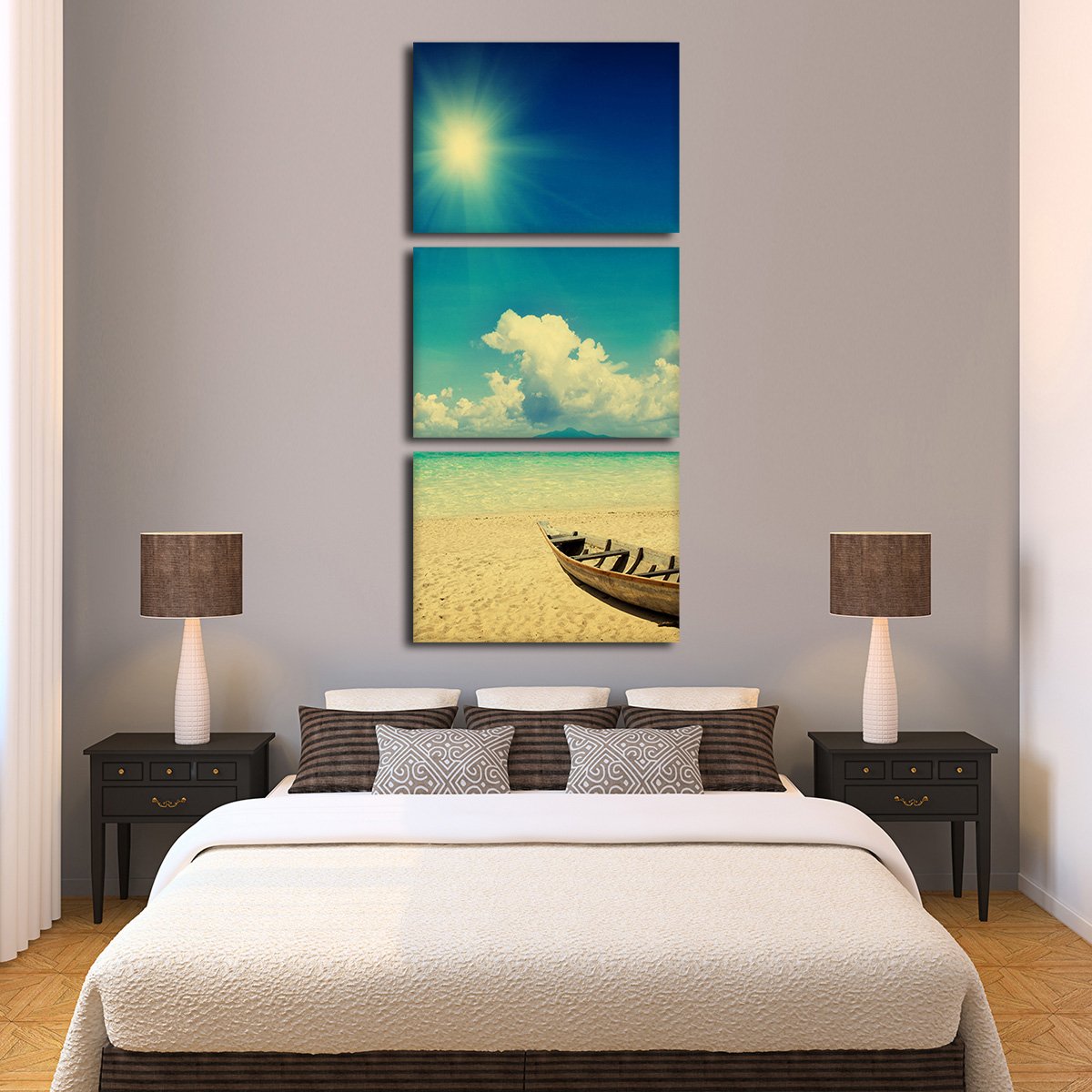 Fishing Boat On Sunny Beach Multi Panel Canvas Wall Art