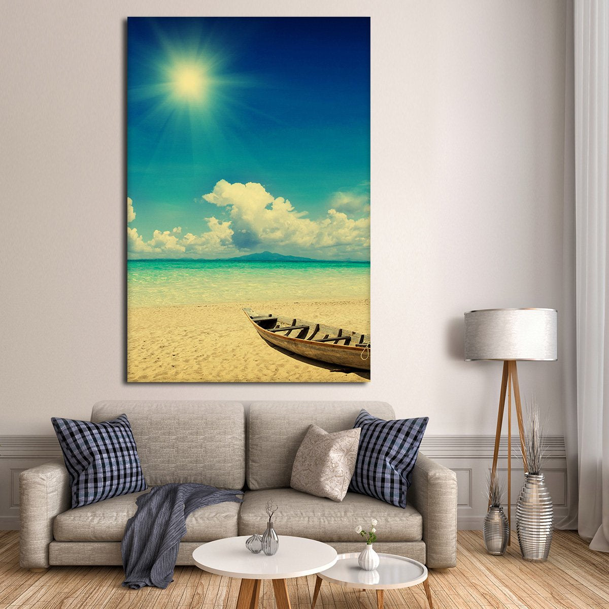 Fishing Boat On Sunny Beach Multi Panel Canvas Wall Art