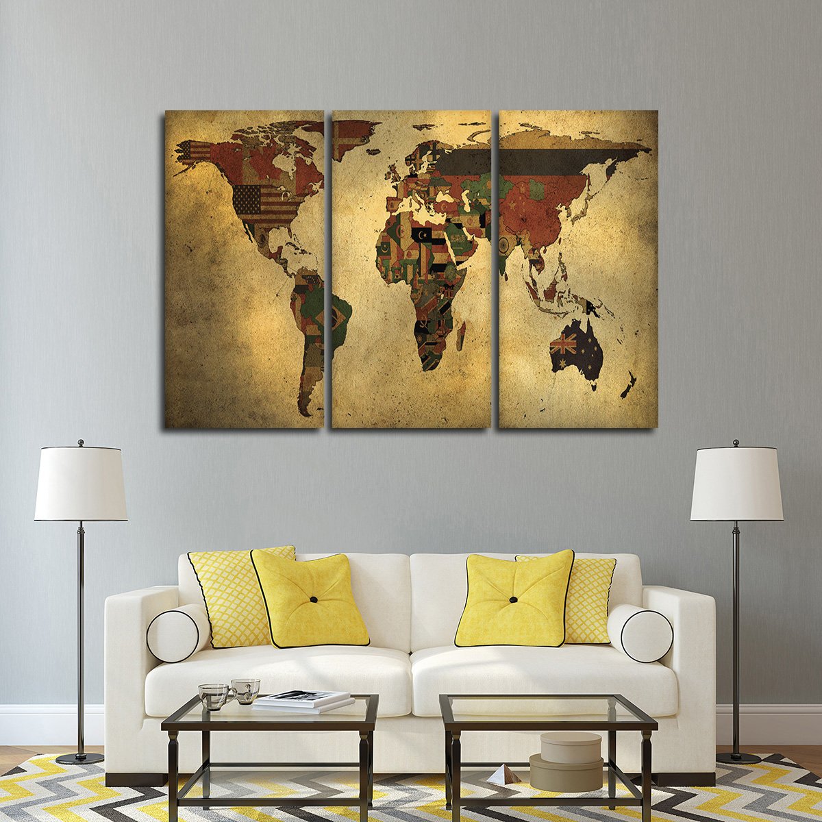 Flags Of The World Map Multi Panel Canvas Wall Art
