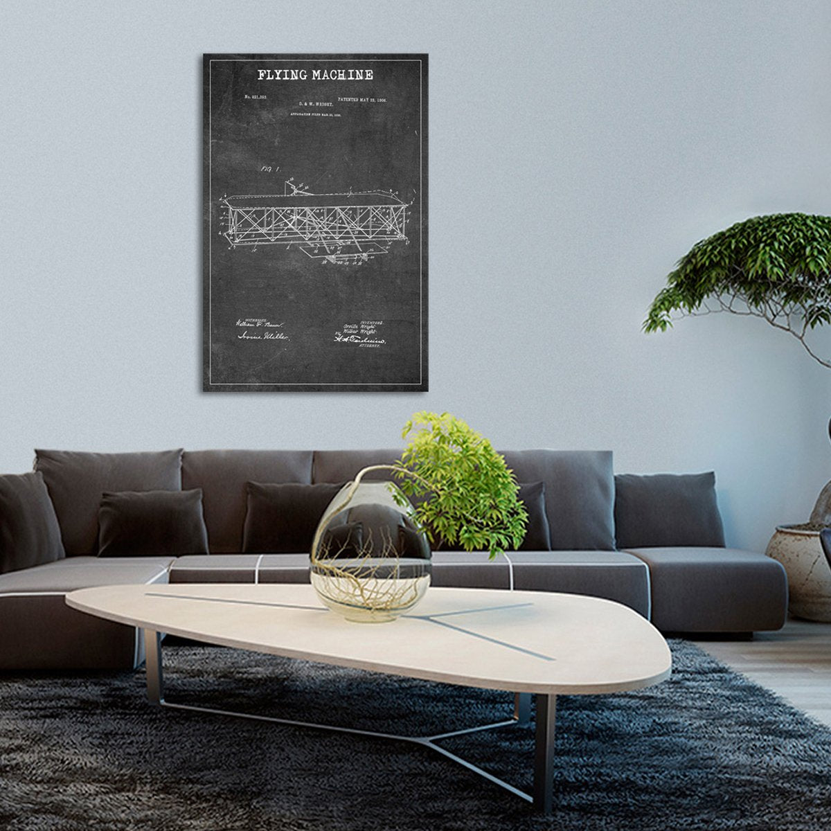 Flying Machine Patent BW Canvas Wall Art