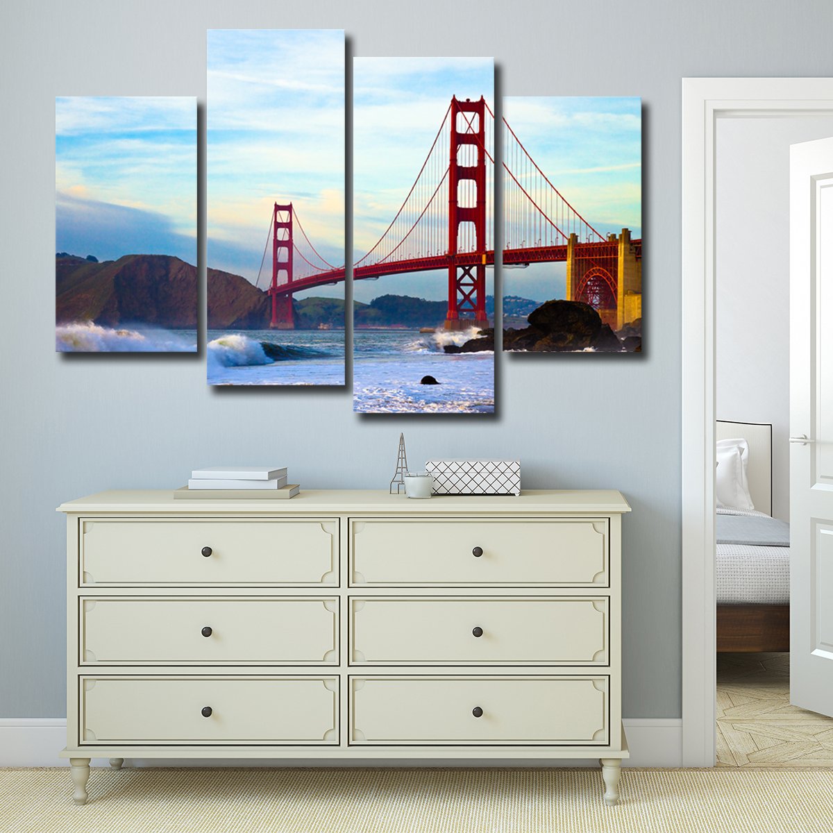 Shore At Golden Gate Bridge Multi Panel Canvas Wall Art
