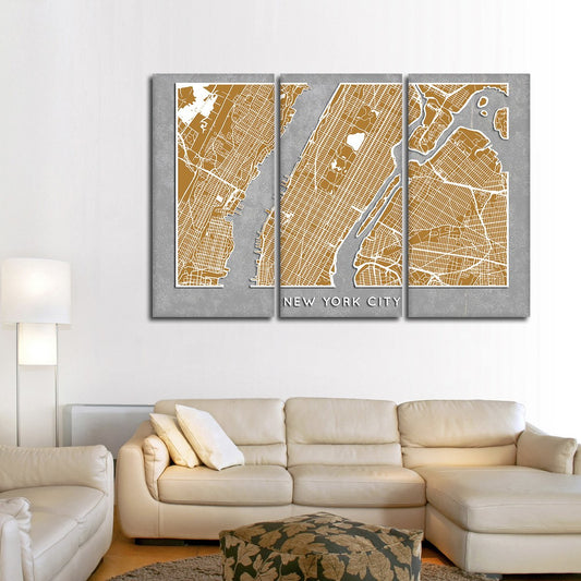 Golden NYC Map Multi Panel Canvas Wall Art