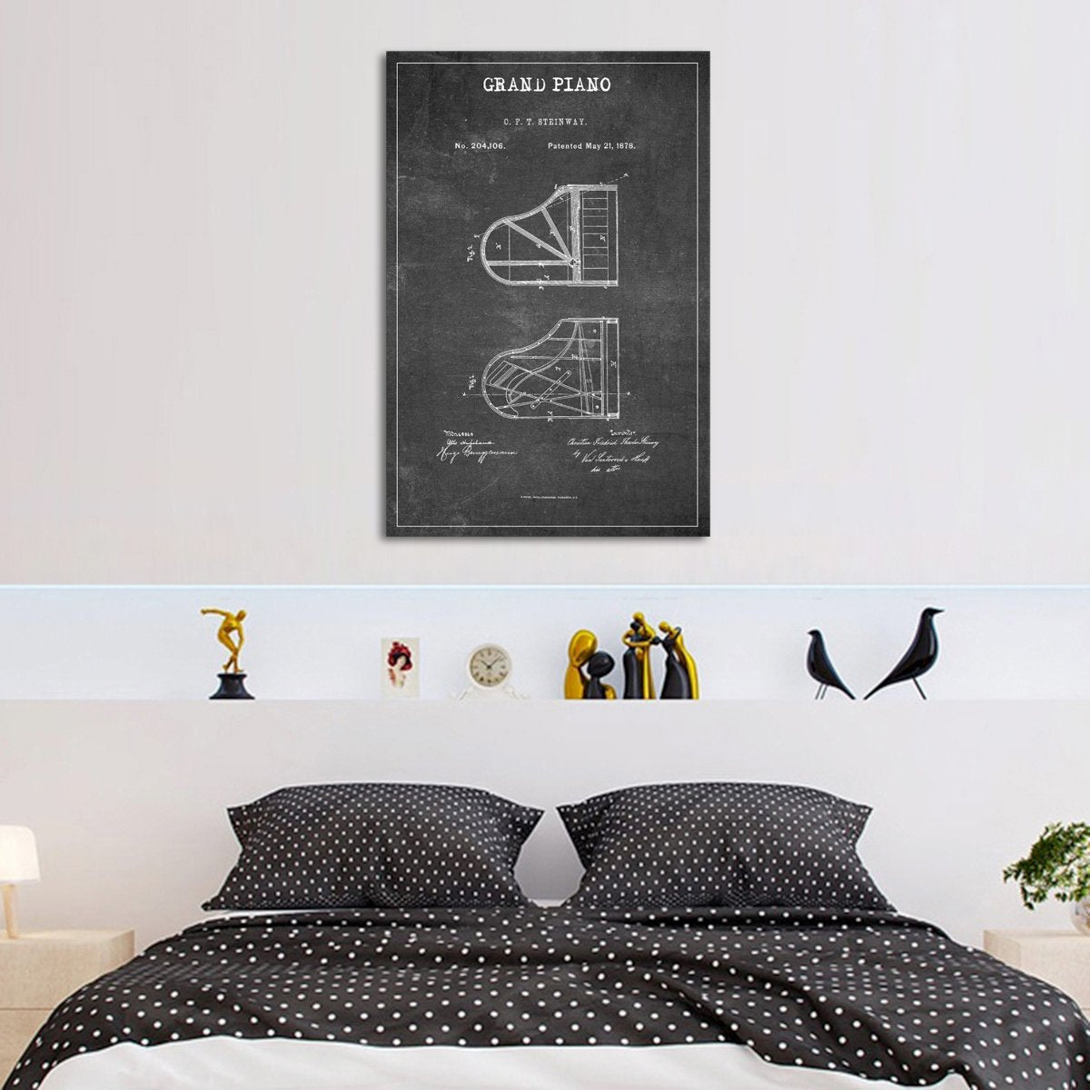 Grand Piano Patent BW Canvas Wall Art