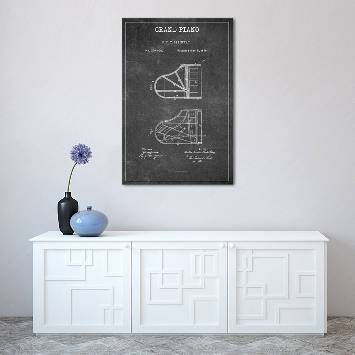 Grand Piano Patent BW Canvas Wall Art