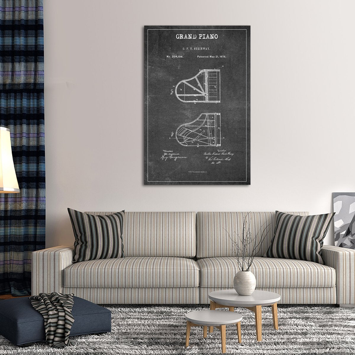 Grand Piano Patent BW Canvas Wall Art