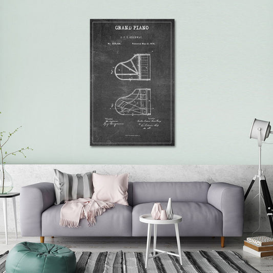 Grand Piano Patent BW Canvas Wall Art