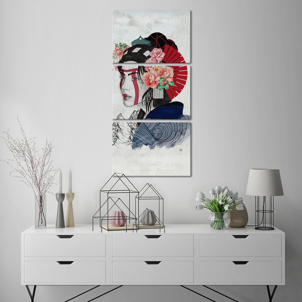 Blue Wave Geisha Multi Panel Canvas Wall Art