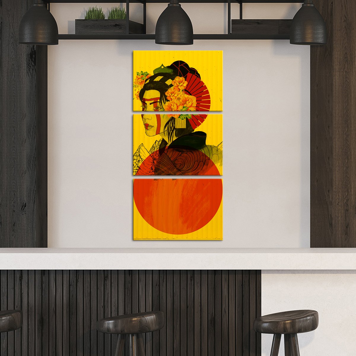 Red Sun Geisha Multi Panel Canvas Wall Art