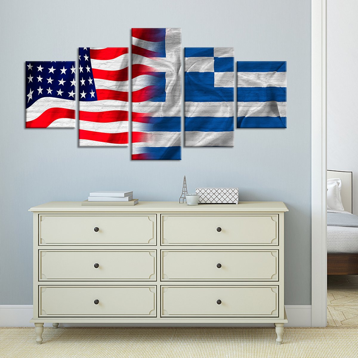 USA and Greece Flag Multi Panel Canvas Wall Art